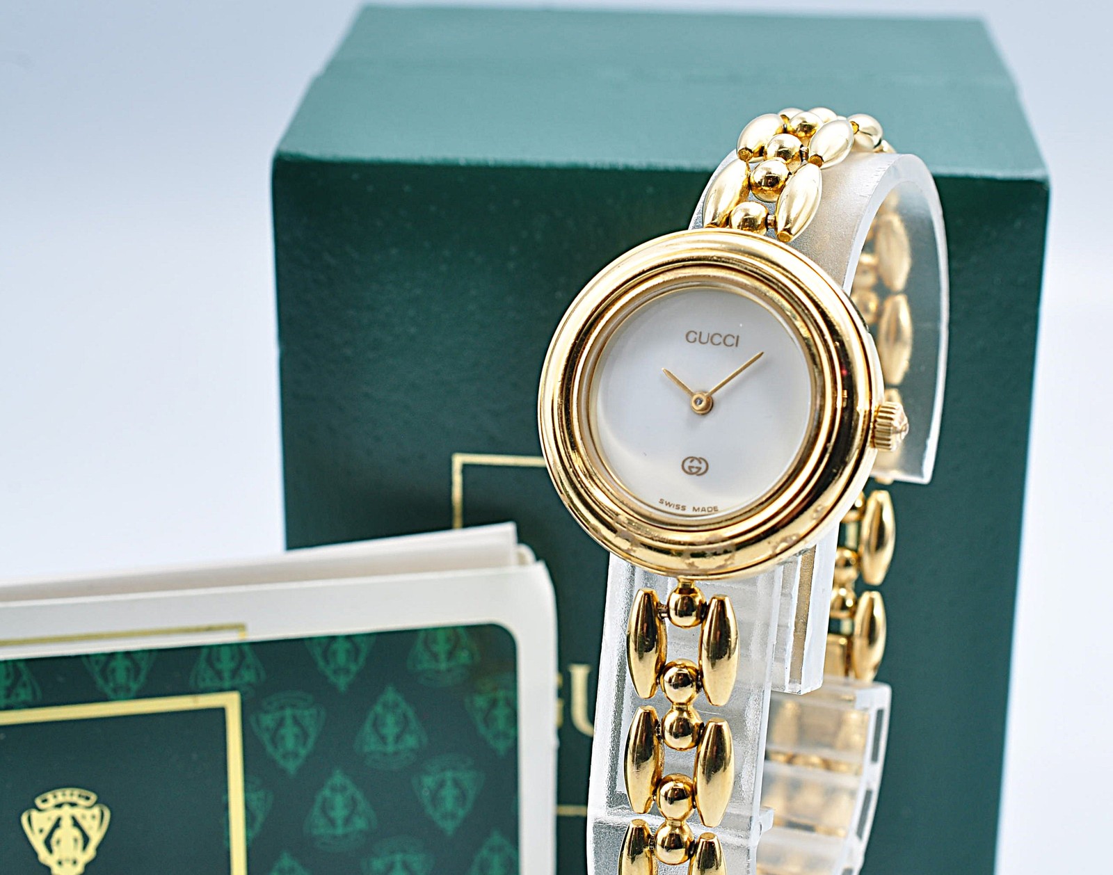 Gucci 11/12.2 Change Bezel Watch Gold Tone Rice Link Band w/6Bezels,Box w-11131