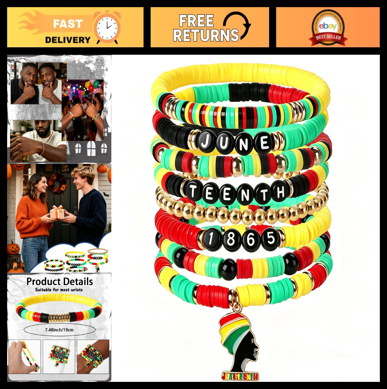 8 PCS Juneteenth Clay Bead Bracelets, African Friendship Jewelry, Adjustable Jam