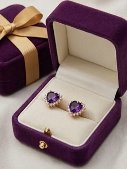 4ct Heart Simulated Purple Amethyst/Diamond Halo Stud Earring Rose Gold Plated