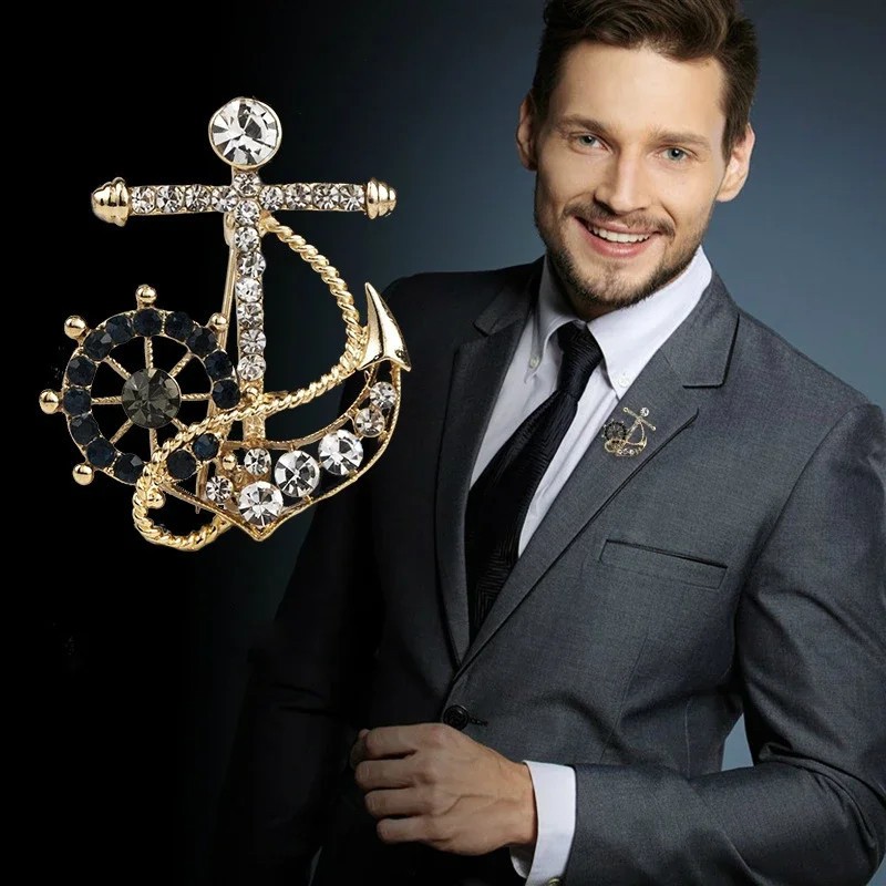 Men’s Retro Anchor Ship Wheel Brooch Pin Gold Crystal Nautical Suit Jewelry Gi