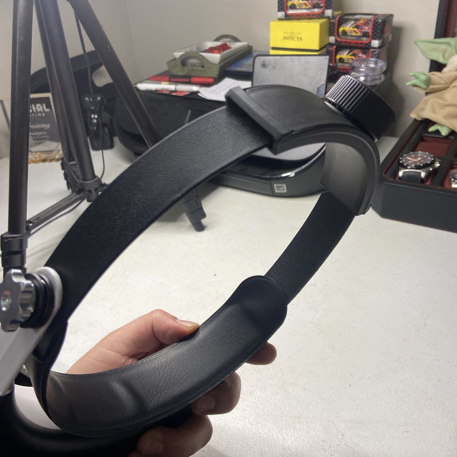 hands-free headband magnifier with a built-in LED light source.
