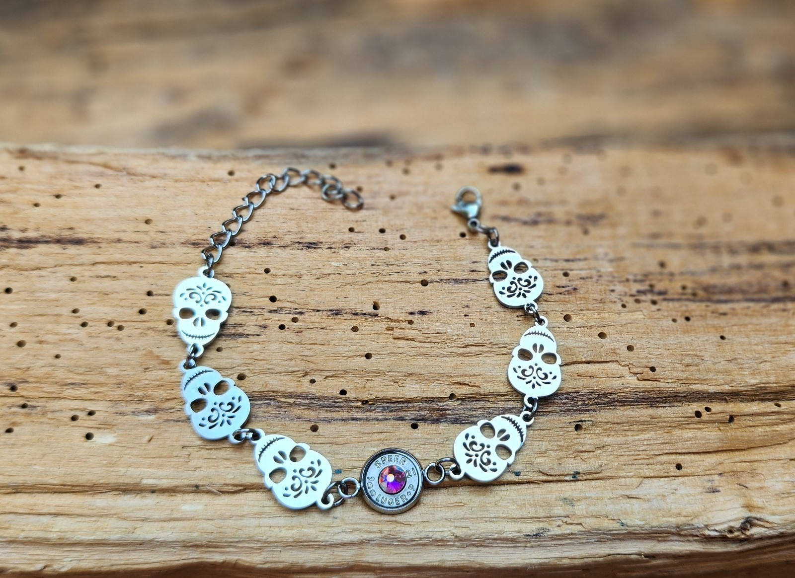 Stainless Steel Bracelet with Sugar Skulls and 9 mm bullet. Optional Color