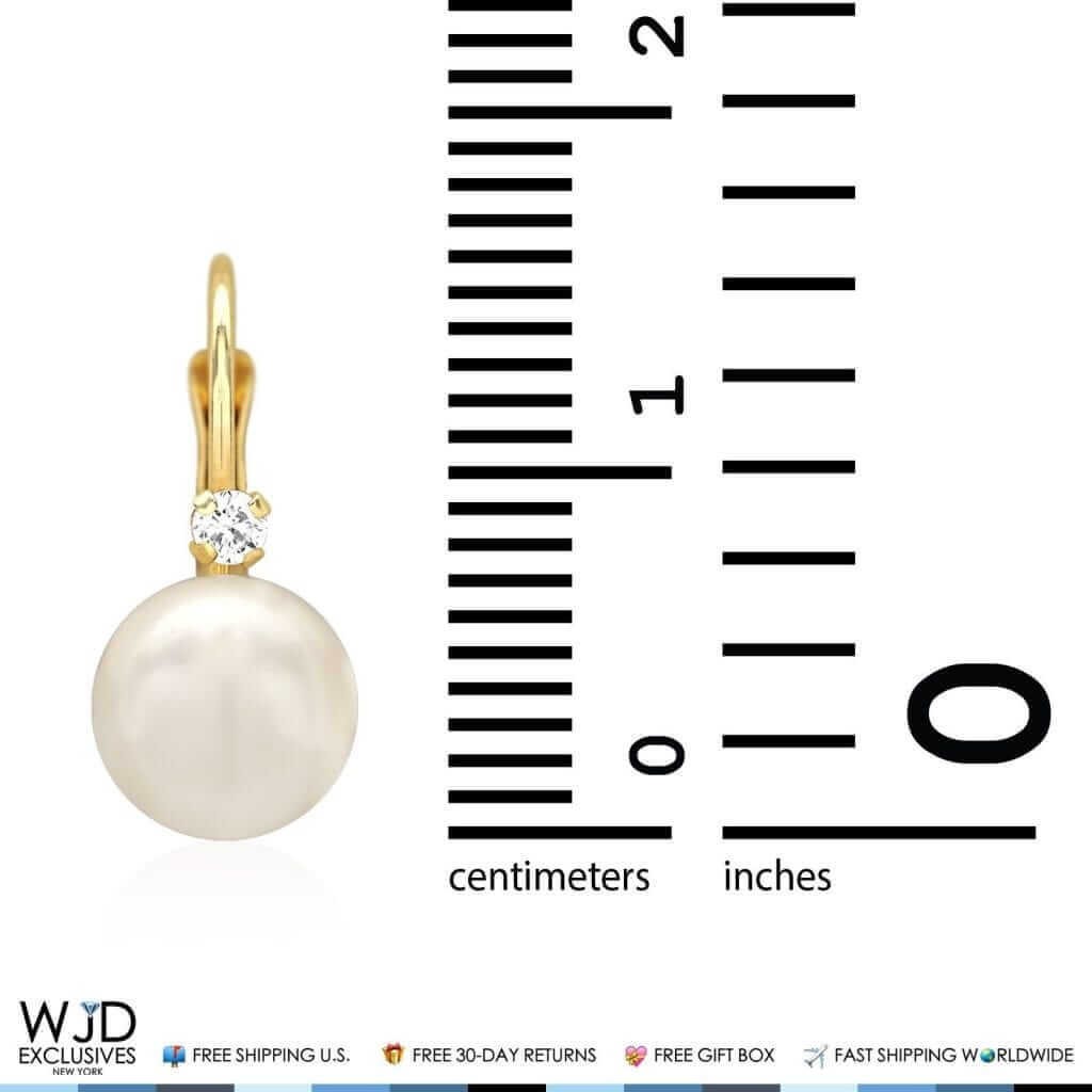 14K Solid Yellow Gold 7mm Diameter Ball Pearl And Zircon Leveback Earrings