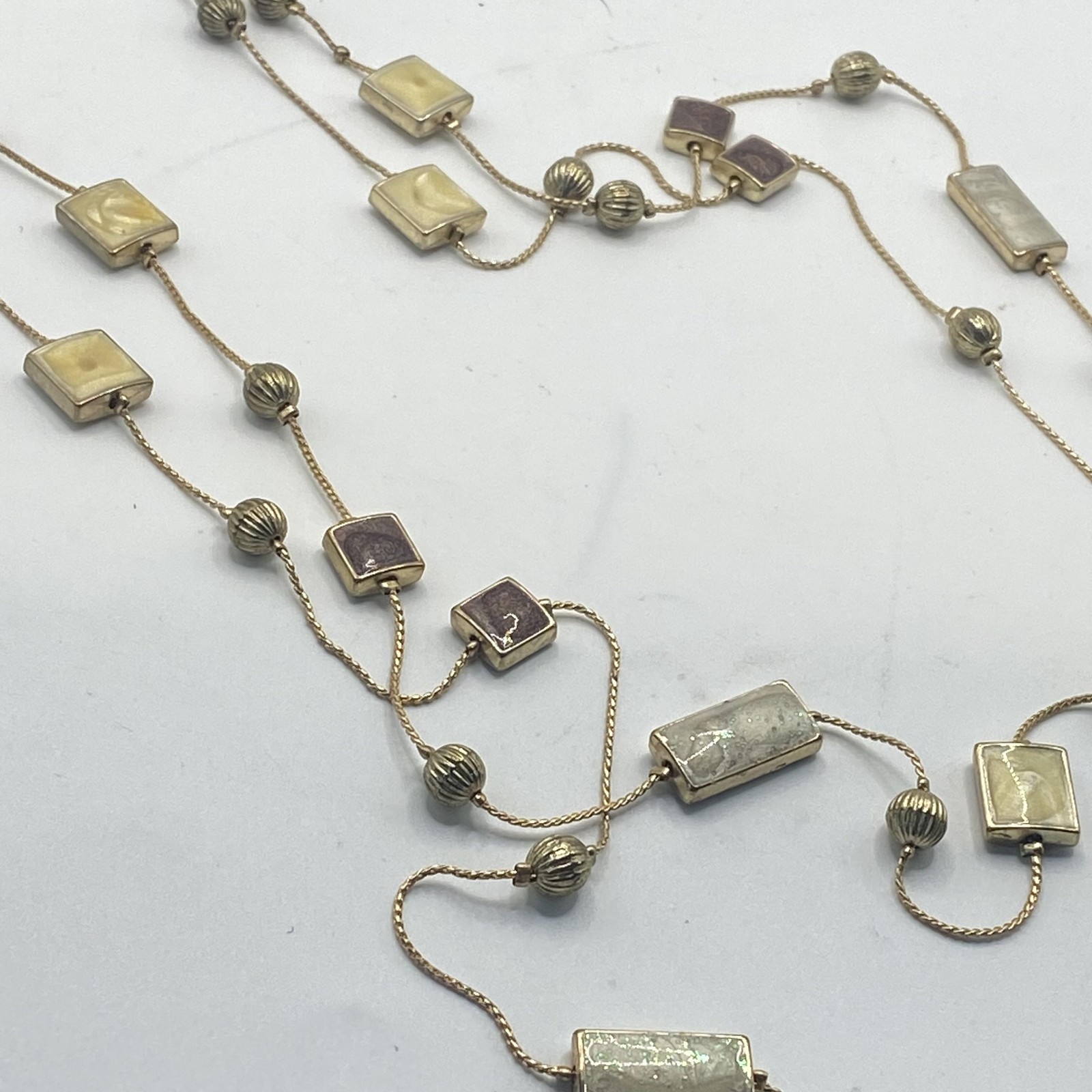 Gold Tone Cream Resin Station Necklace Layered Strand Lobster Clasp Jewelry