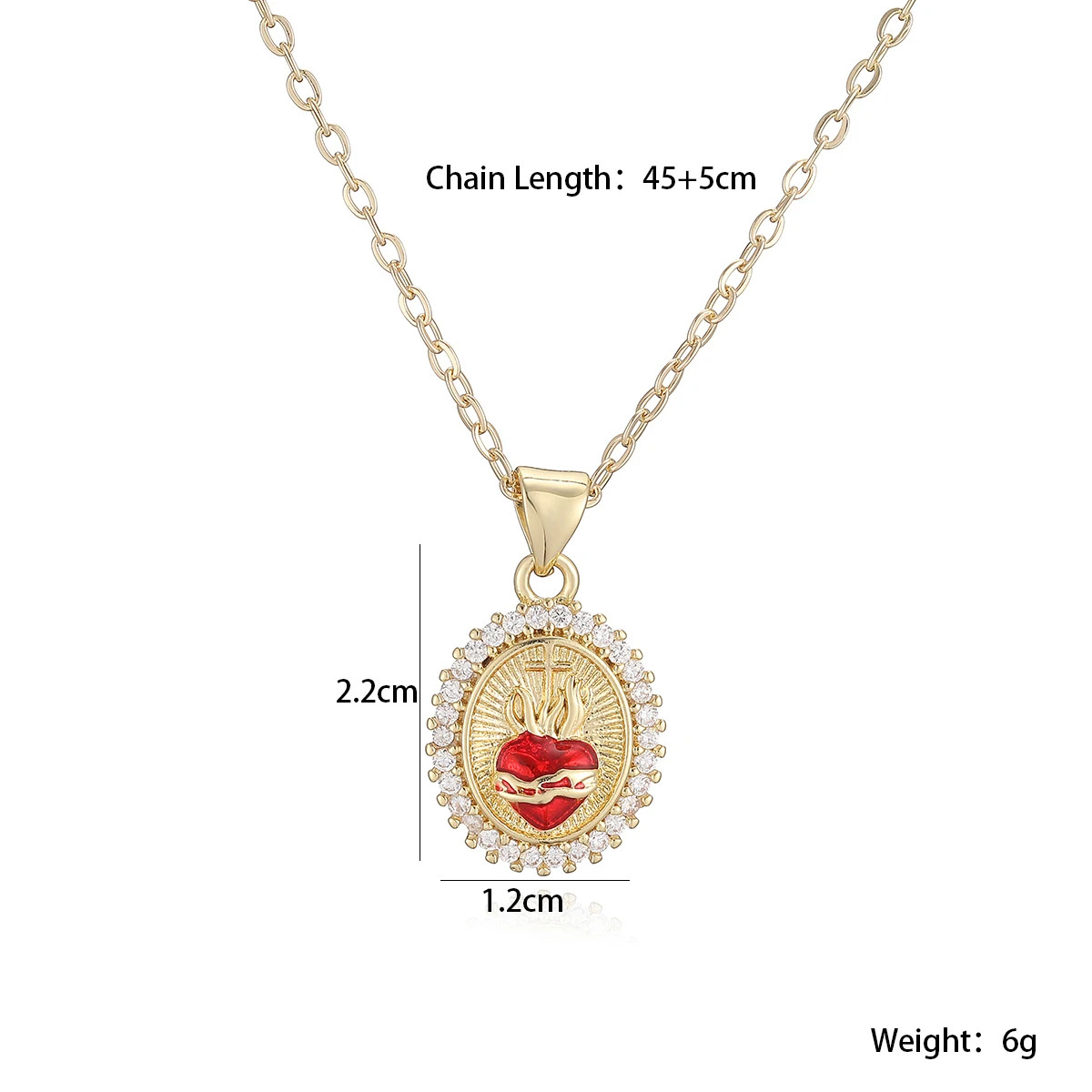 Brass Sacred Heart Red Crystal Necklace Gold Plated Cross Zircon Oval Pendant Ne