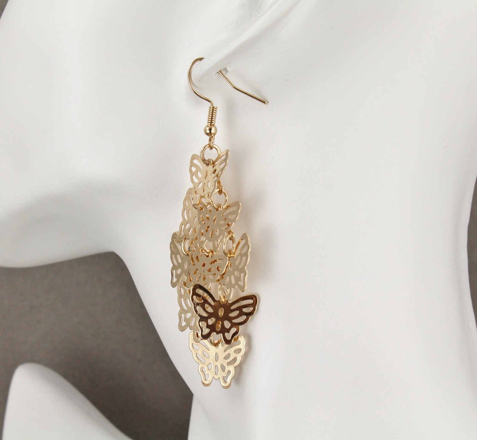 Gold chandelier earrings filigree butterfly dangle pendant wiggly 3″ long