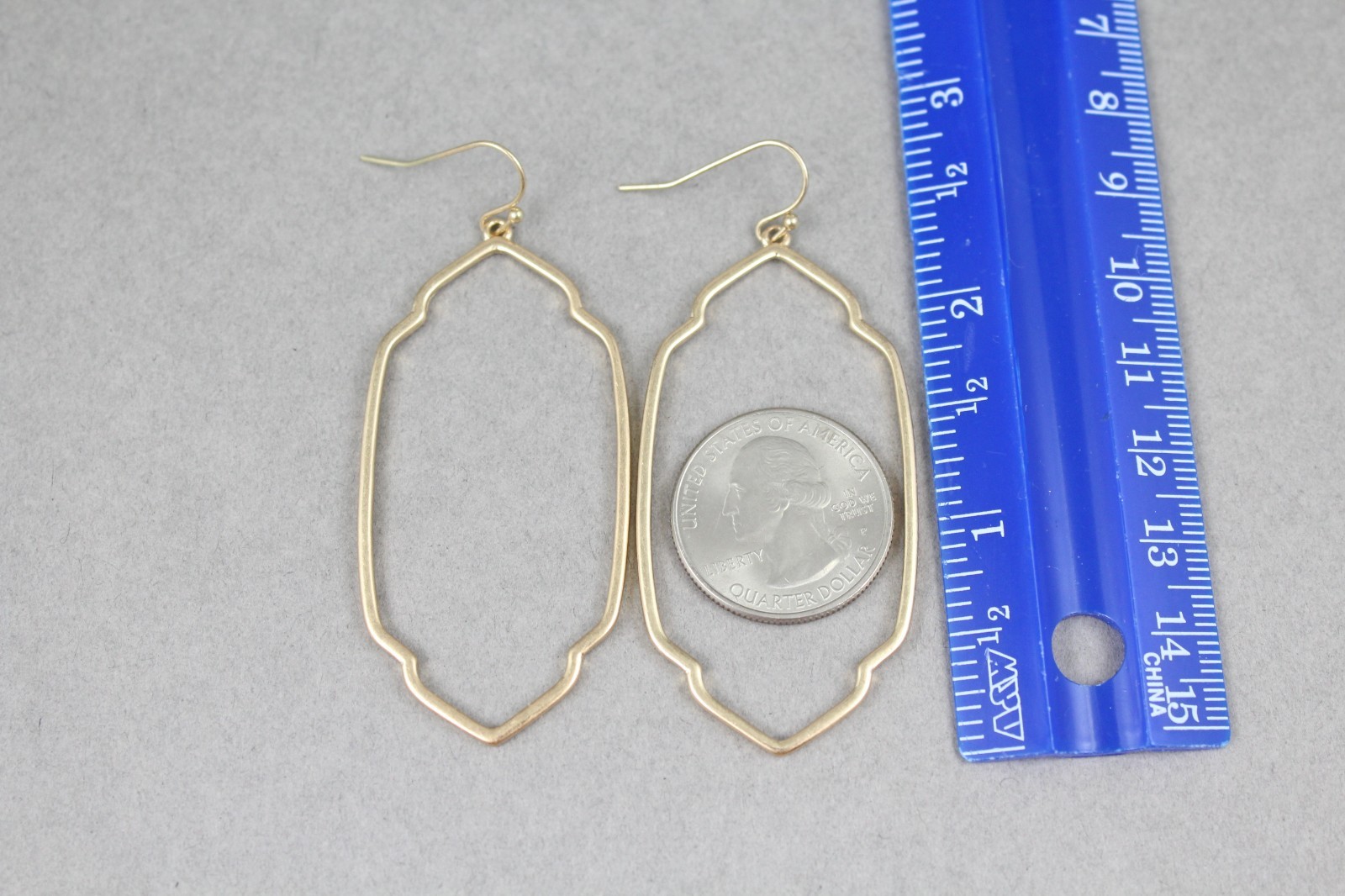Gold oval teardrop earrings dangle cutout filigree oval outline 2.75″ long