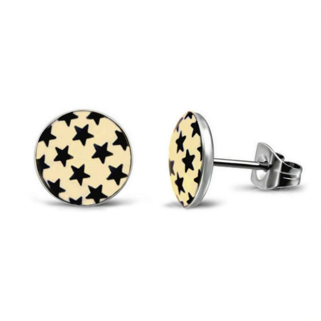 TINY STARS EARRINGS 10mm Round Stud Stainless Steel Black Star Post Pair NEW