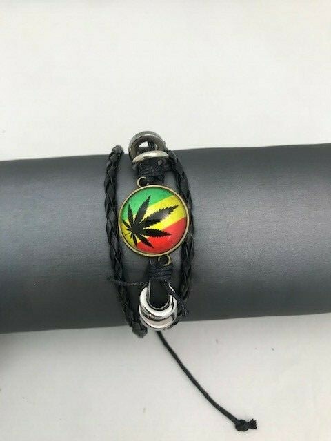 Slick style Unisex Black leather colorful pot plant adjustable bracelet