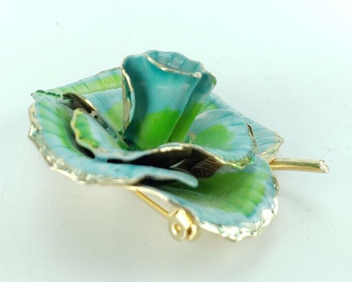 Vintage Rose Brooch Pin Women’s Jewelry Accessory Blue Green Gold Tone