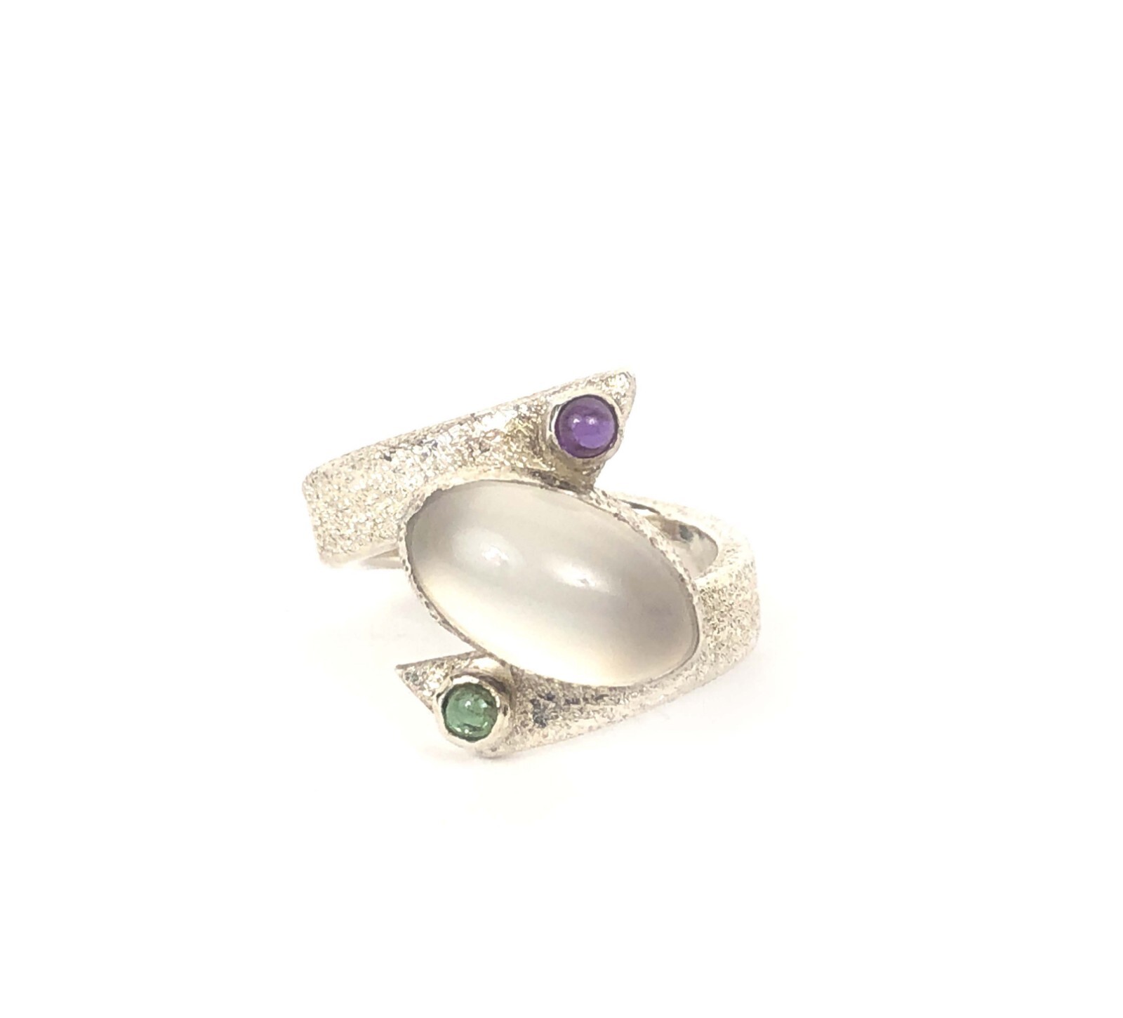 Artisan Moonstone Tourmaline Amethyst Frosted Sterling Silver Bypass Ring Sz 7