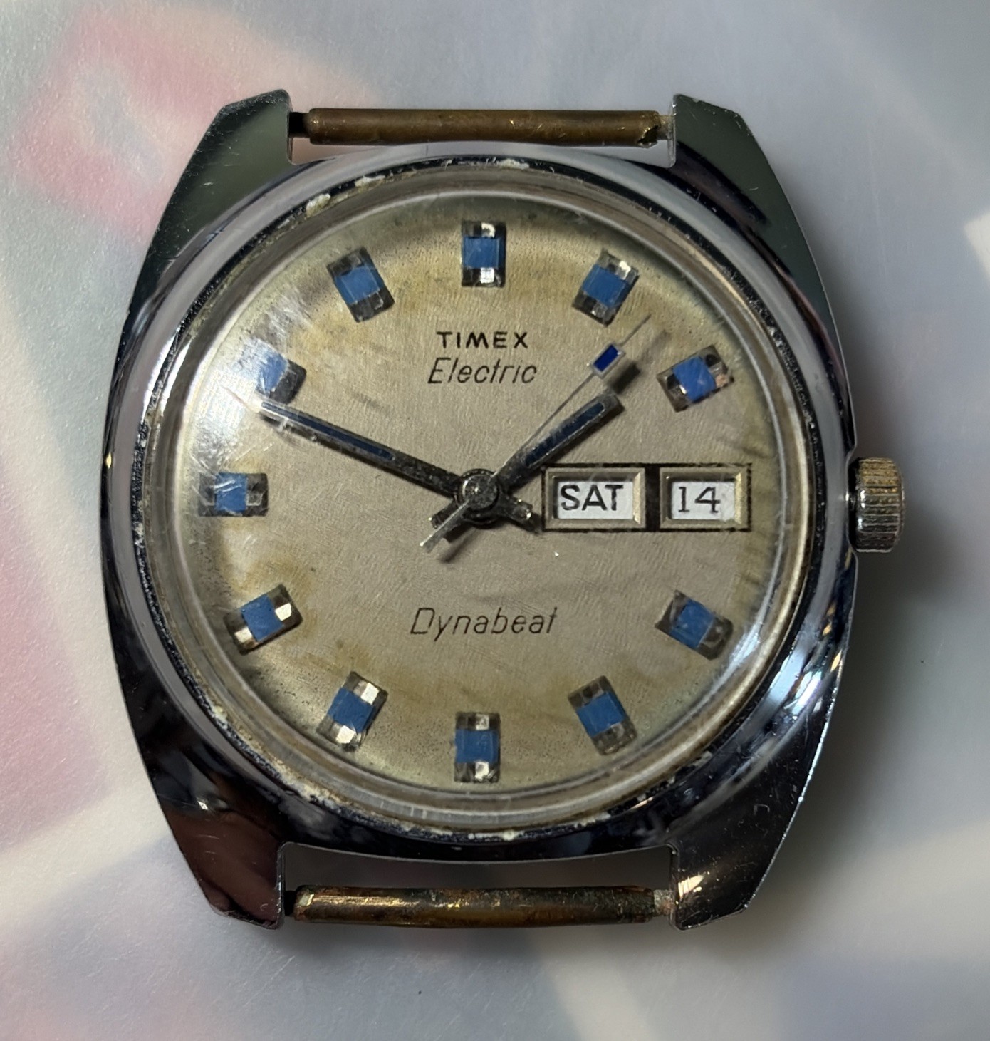 Vintage Men’s TIMEX Electric Dynabeat Day/Date, Blue Indices For Parts/Repair