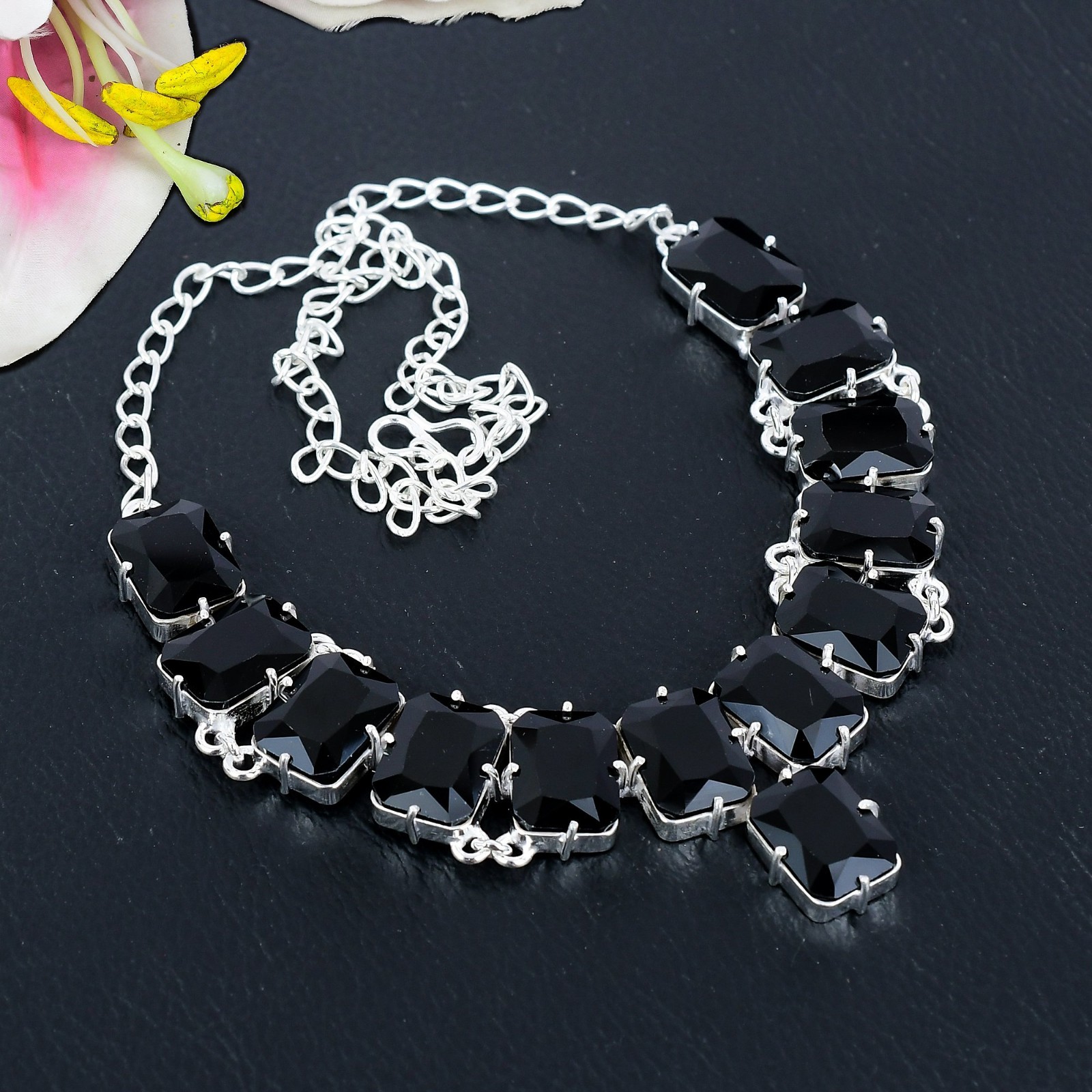 Black Onyx Gemstone Necklace Handmade 925 Sterling Silver Jewelry Gift For Her