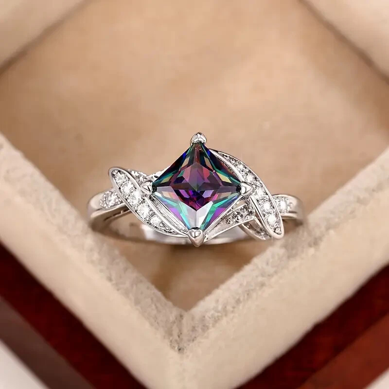 925 Sterling Silver Rainbow Mystical Fire Topaz Wedding Engagement Ring Size 8.5