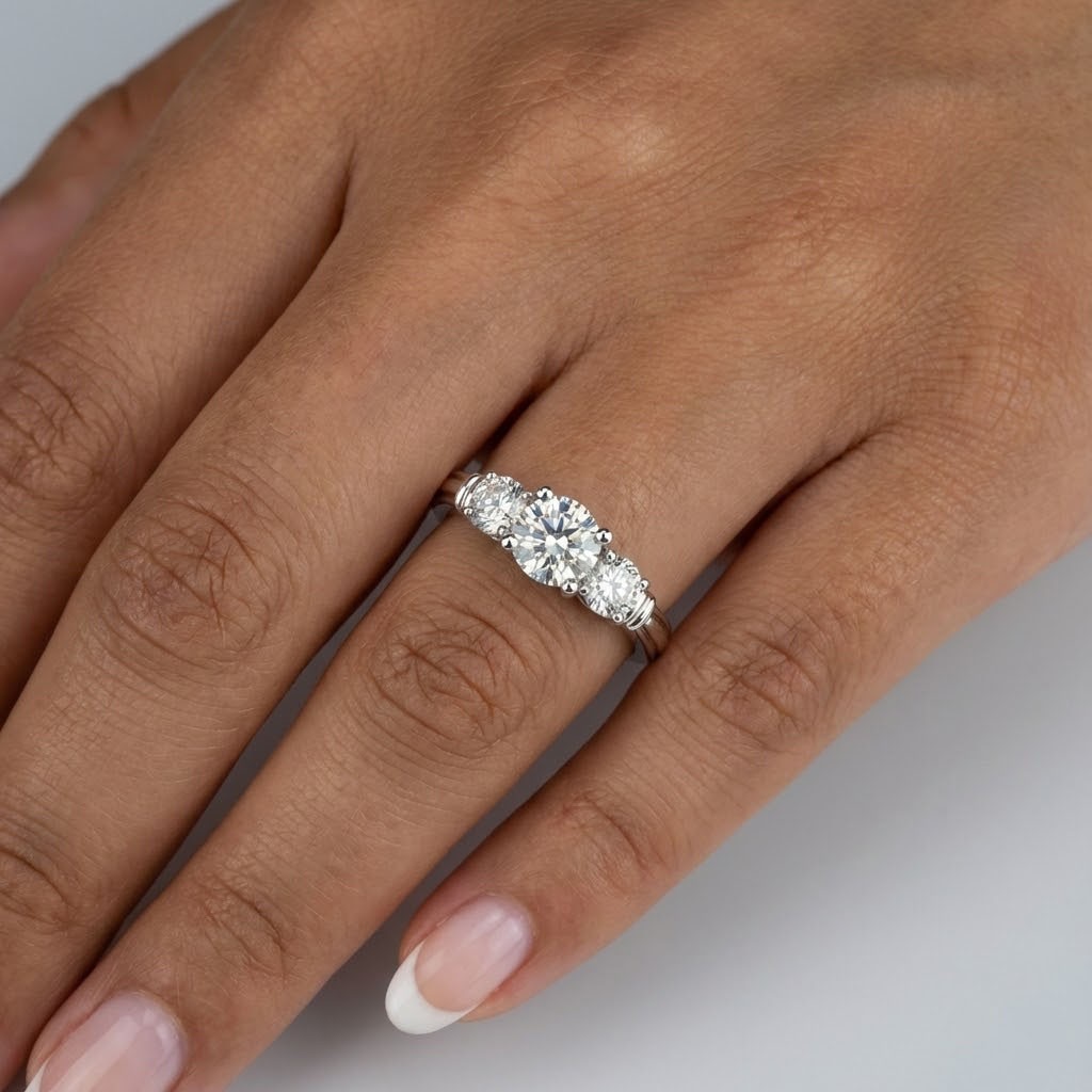 Three Stone Engagement Ring 14K Gold Vintage Round 1.46 CT Natural Diamond J VS2