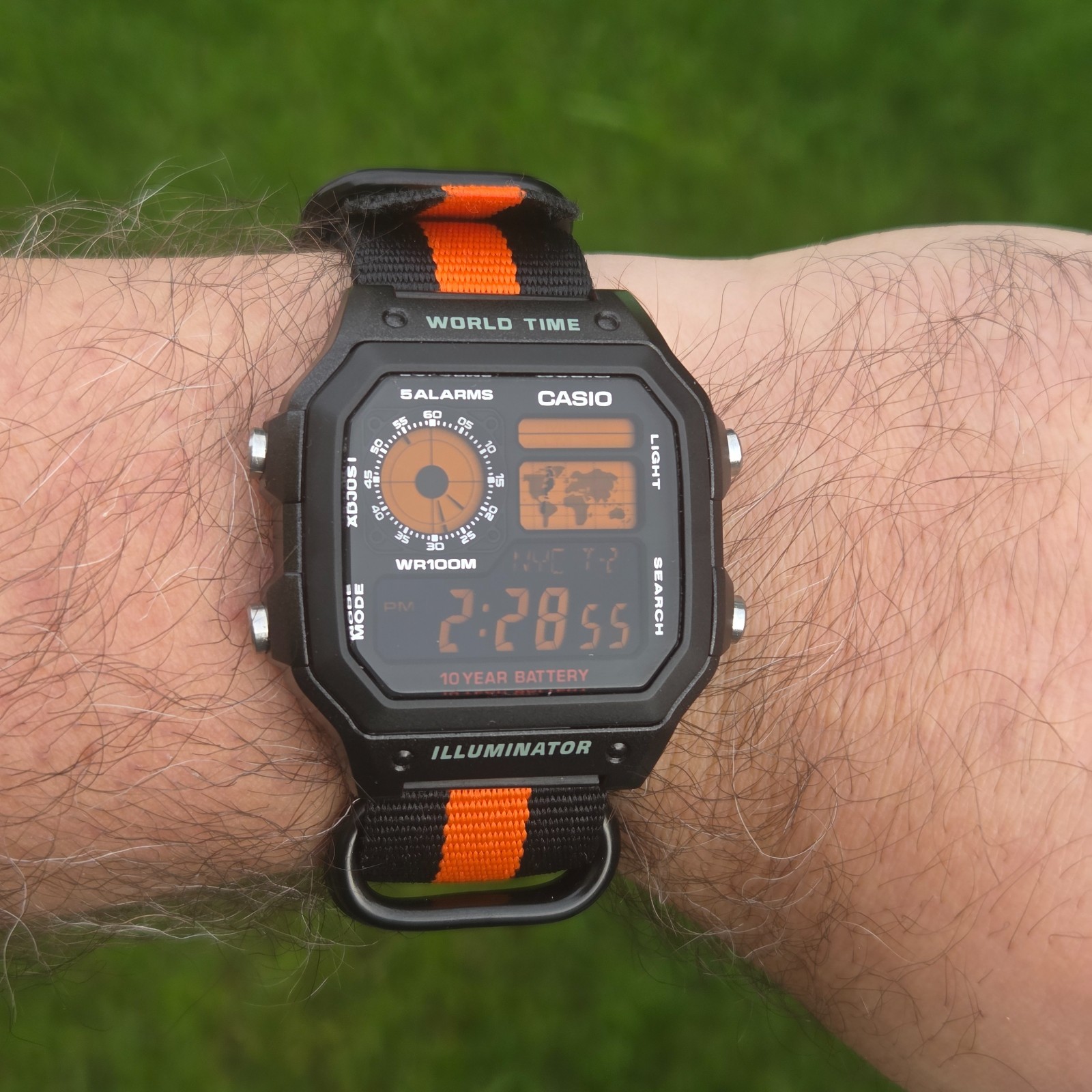 CASIO AE-1200WHD. Royale World Time Watch Mod. Orange Digits Negative. Hydromod.