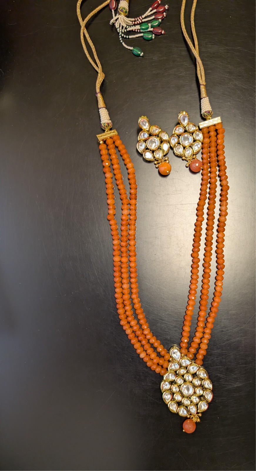 Indian Traditional orange stone Beads Kundan Layered Necklace Earring Set