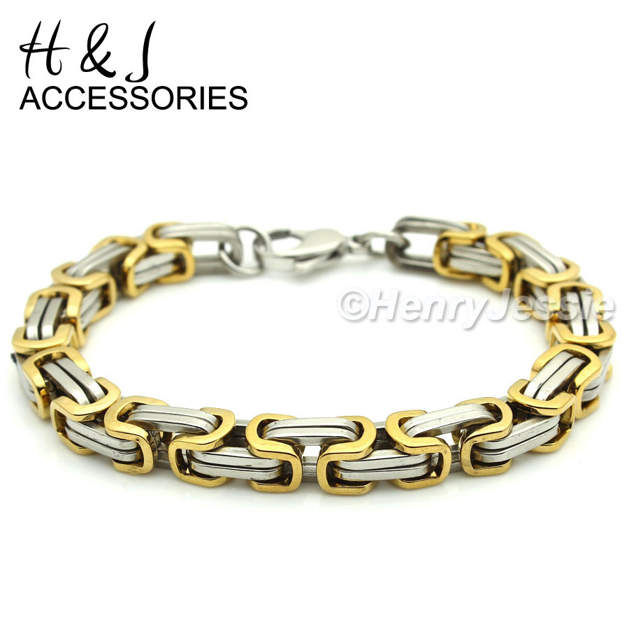 7-11″MEN Stainless Steel WIDE 9mm Silver/Gold Plated Byzantine Box Link Bracelet