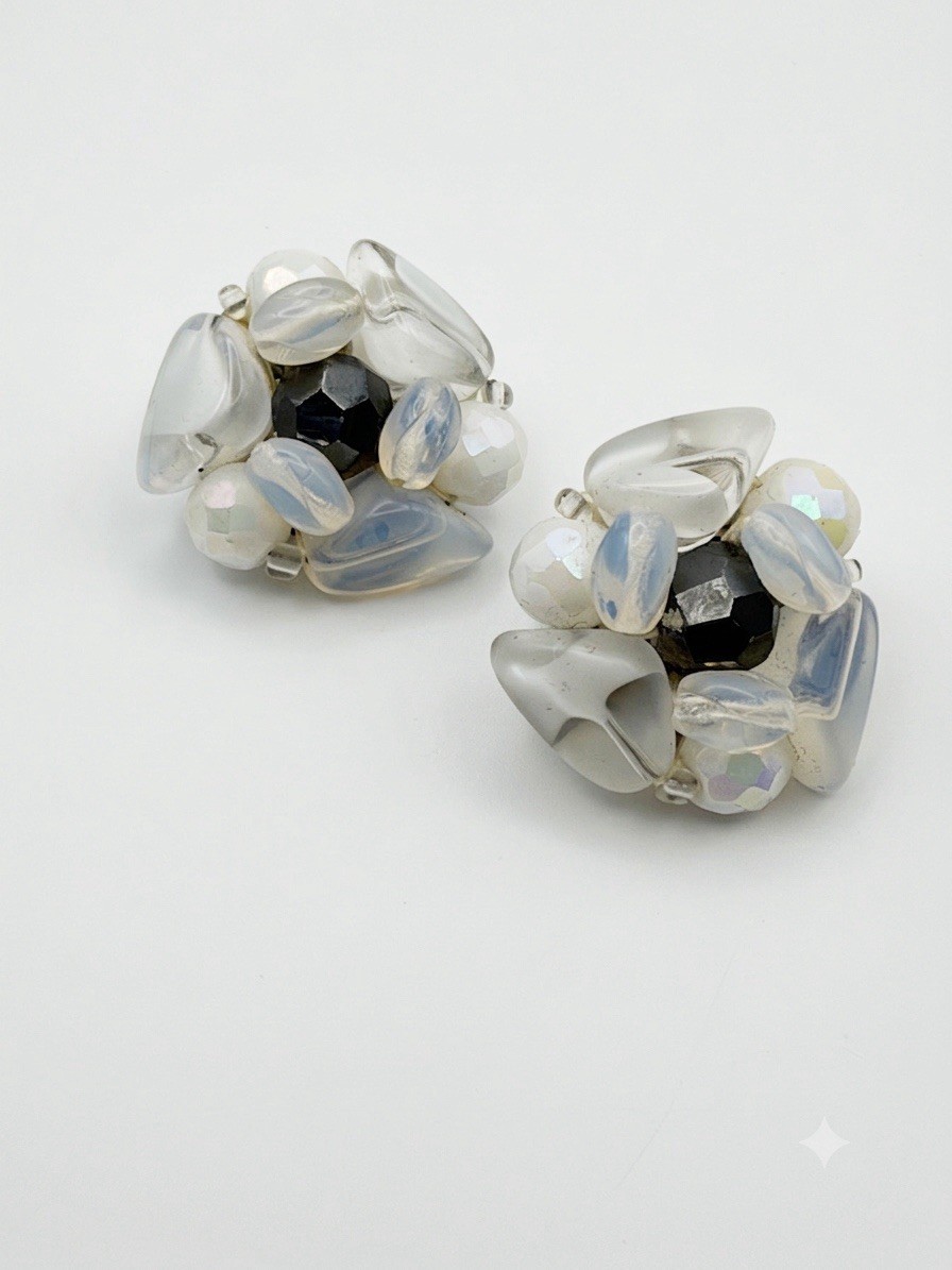Vintage M.I.W. Germany Beaded Cluster Clip-On Earrings Opalescent Glass AB Beads