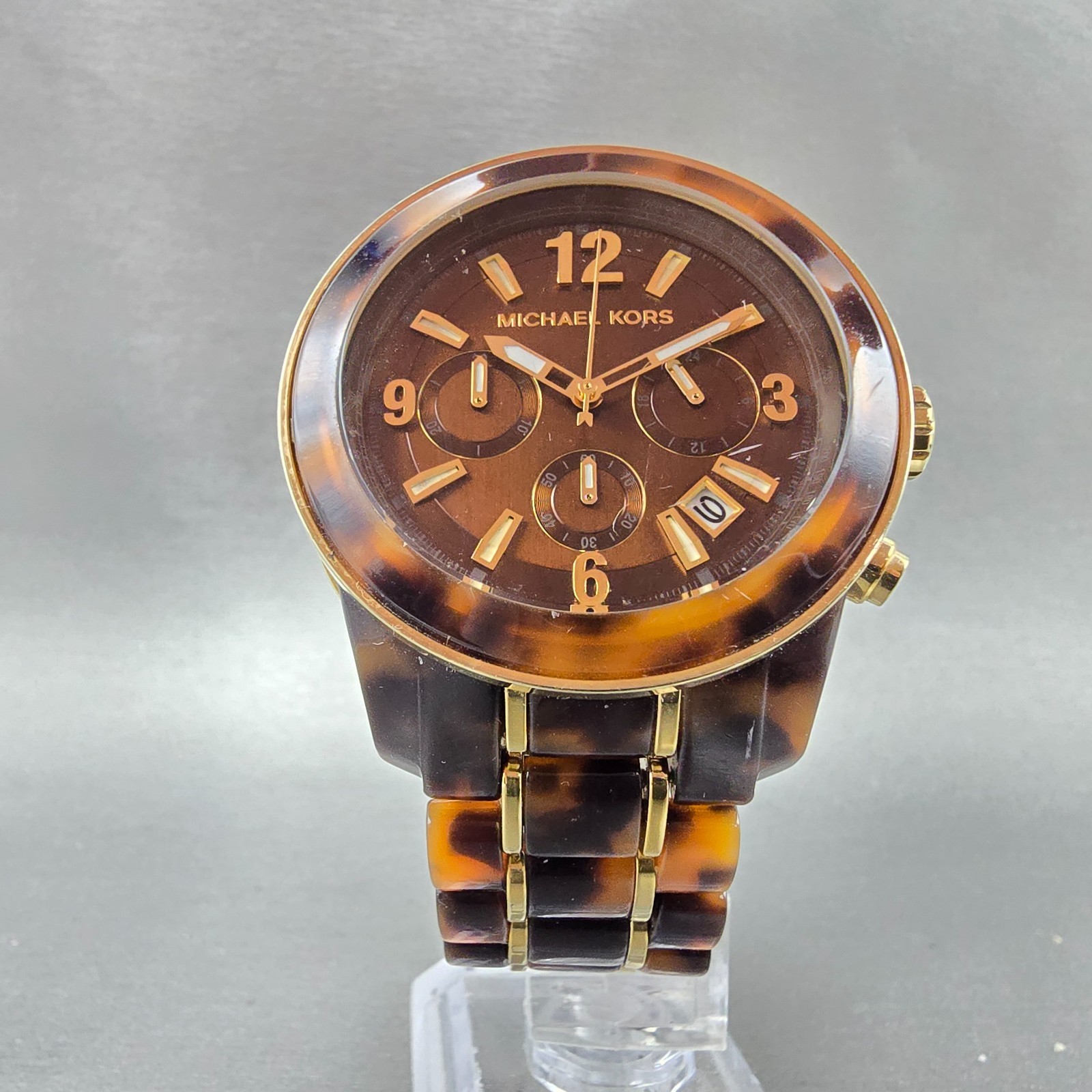Michael Kors Chronograph Watch Women 43mm Brown Dial Brown Tone MK-5805 New Batt