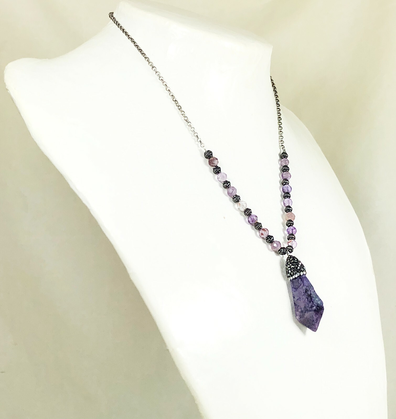 Purple Quartz Crystal with Rhinestone Bail and Faceted Phantom Quartz Beads