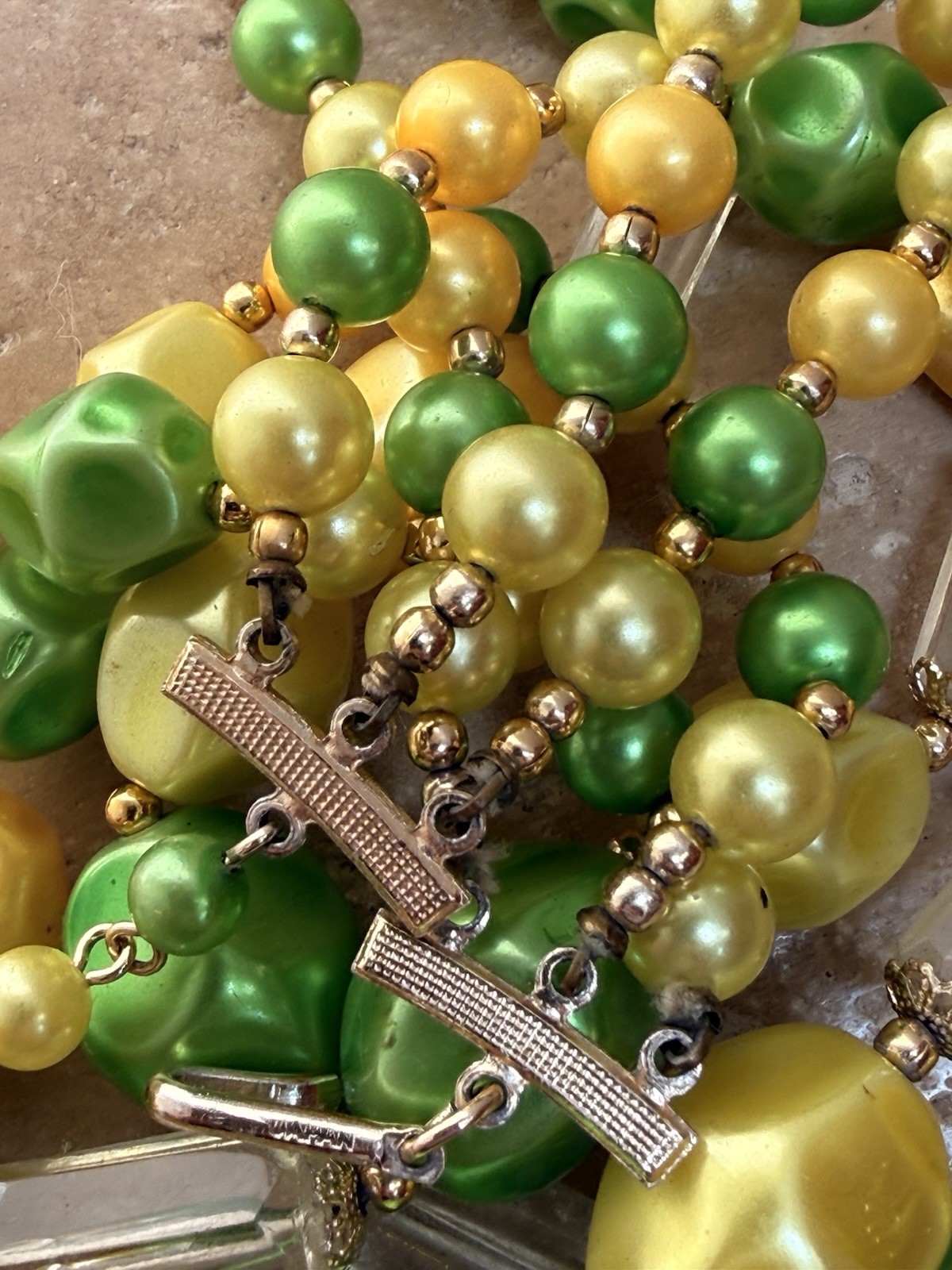 Vintage Yellow Green Lemon Lime Multi Strand Faux Pearl Bead Necklace Japan MCM