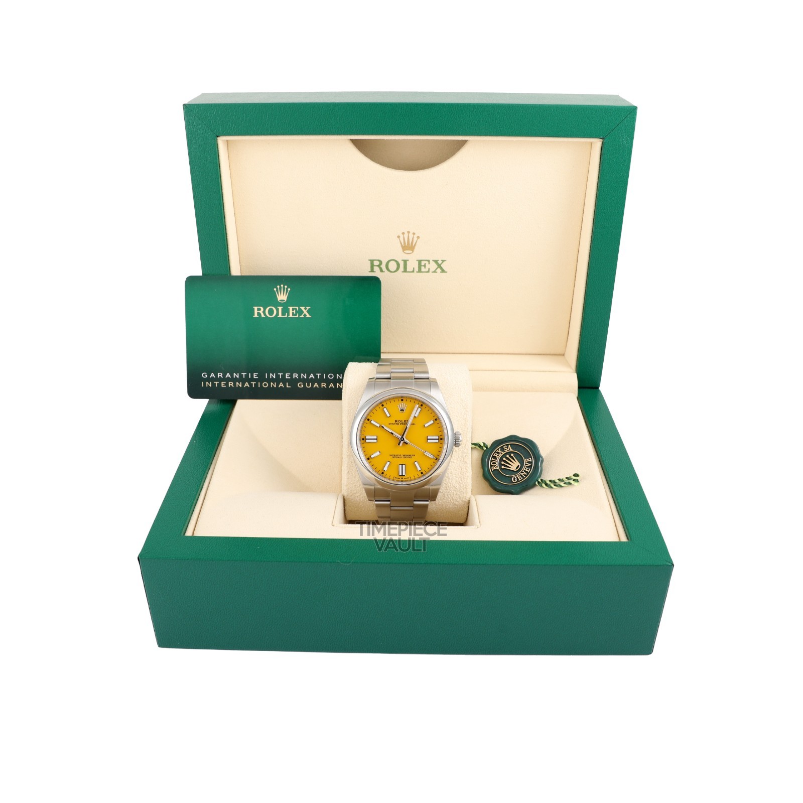 Rolex Men Oyster Perpetual 124300 Steel 41mm Watch Custom Yellow Index Dial B&P