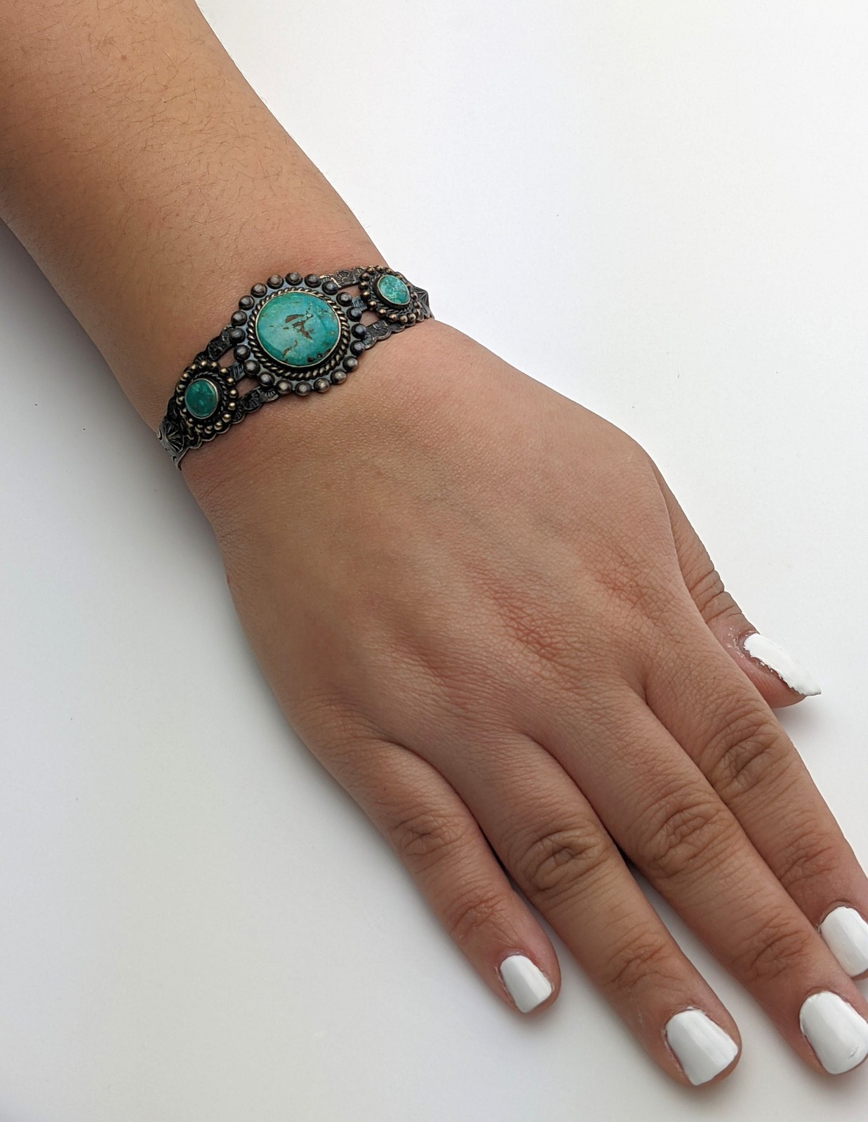 Fred Harvey Era Blue Turquoise Cuff Sterling Silver Bracelet