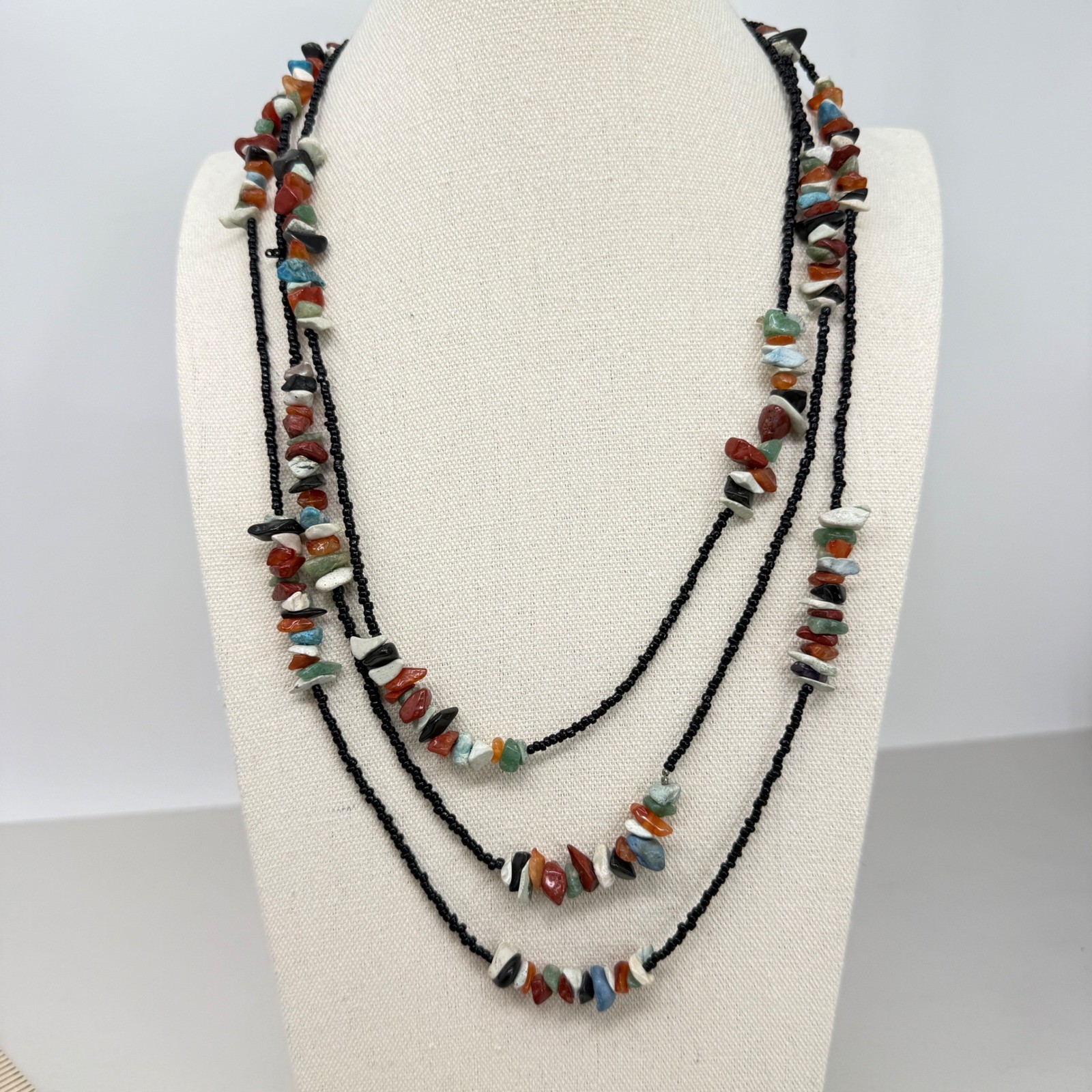 Gemstone Chip Seed Bead Long Necklace Southwest 72″ Long Western