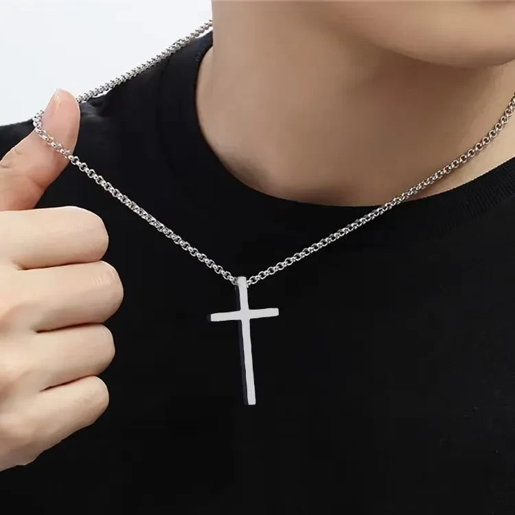Glossy Titanium Steel Cross Necklace Men Silver Long Chain Pendant Unisex Jewelr