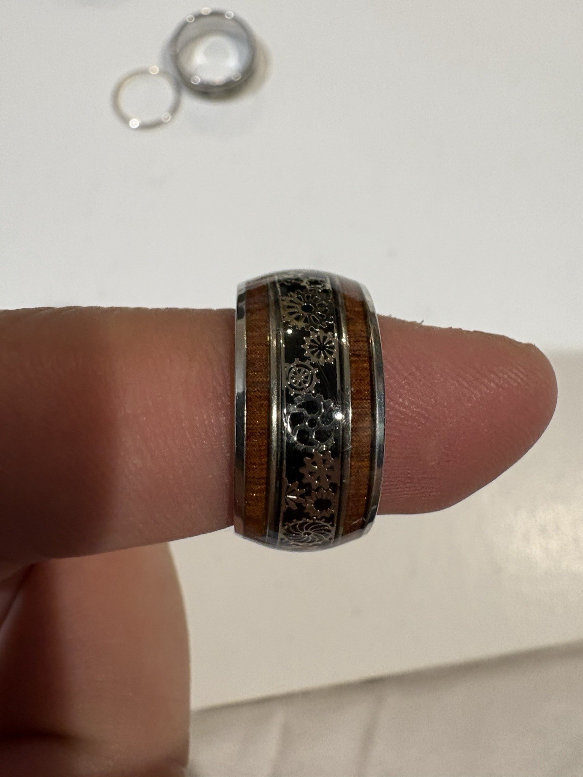 Gears Ring 10 mm Stainless Steel And Wood Grain Sizes 8