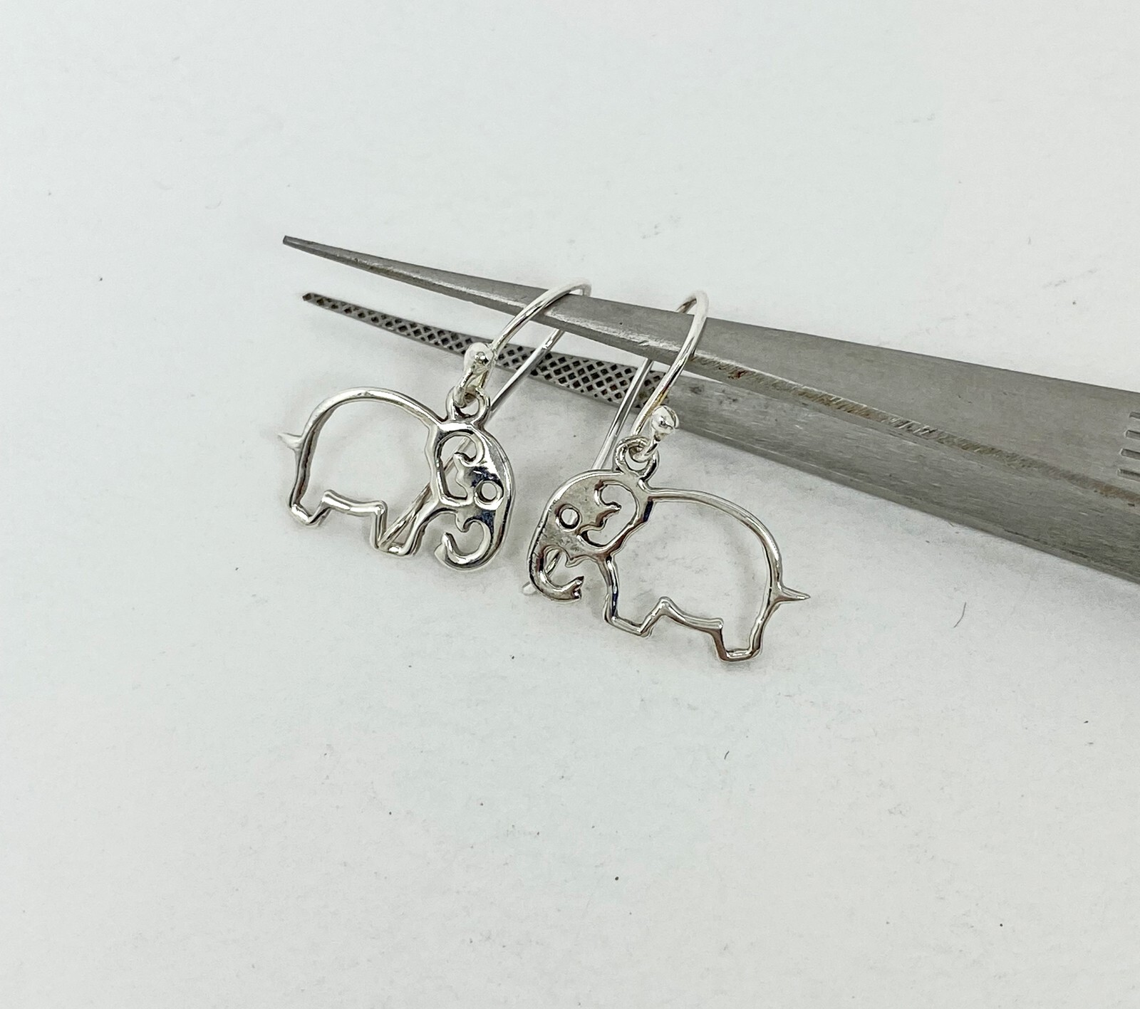 Minimalist Cutout Elephant Drop Earrings 925 Sterling Silver, Handmade Jewelry
