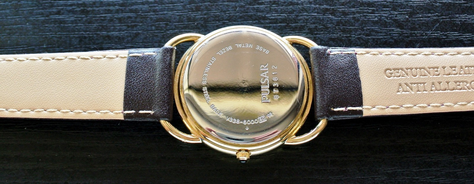 VINTAGE PULSAR SEIKO DATE ELEGANT MOON PHASE QUARTZ MEN’S GOLD BROWN DRESS WATCH