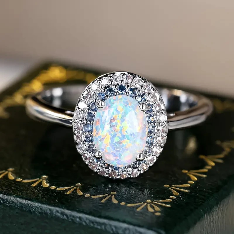 Elegant 925 Sterling Silver Fire Rainbow Opal Blue Topaz Engagement Ring Size 7