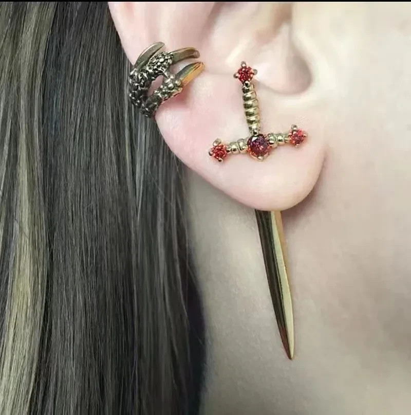 Alloy Rhinestone Dagger Sword Stud Earrings Unisex for Him or Her in Red Gold