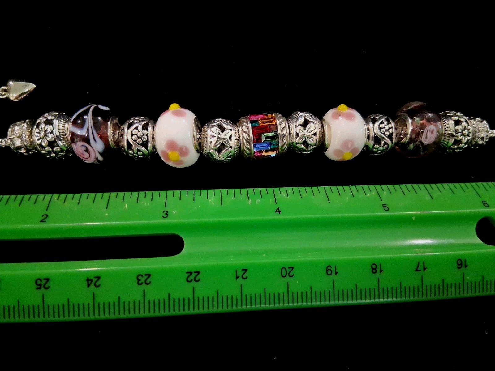 Silvertone 7.5″European CharmBracelet:Floral,Purple&Multicolor Rhinestone Charms