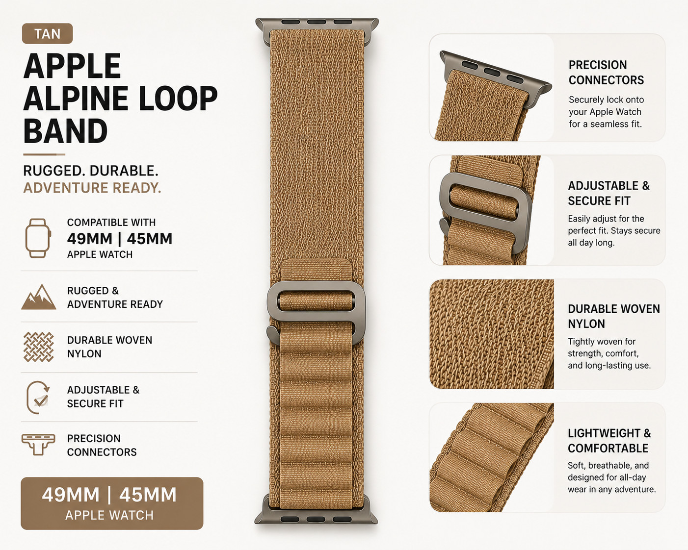 Genuine Apple Watch Band 49mm 45mm Medium Alpine Loop TAN With Titanium Finish