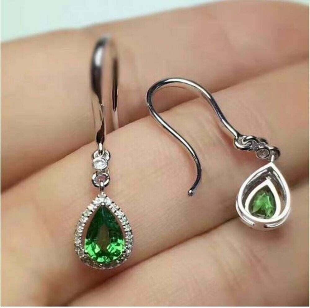 14K White Gold Plated 2Ct Pear Cut Simulated Emerald Stunning Drop Hook Earring