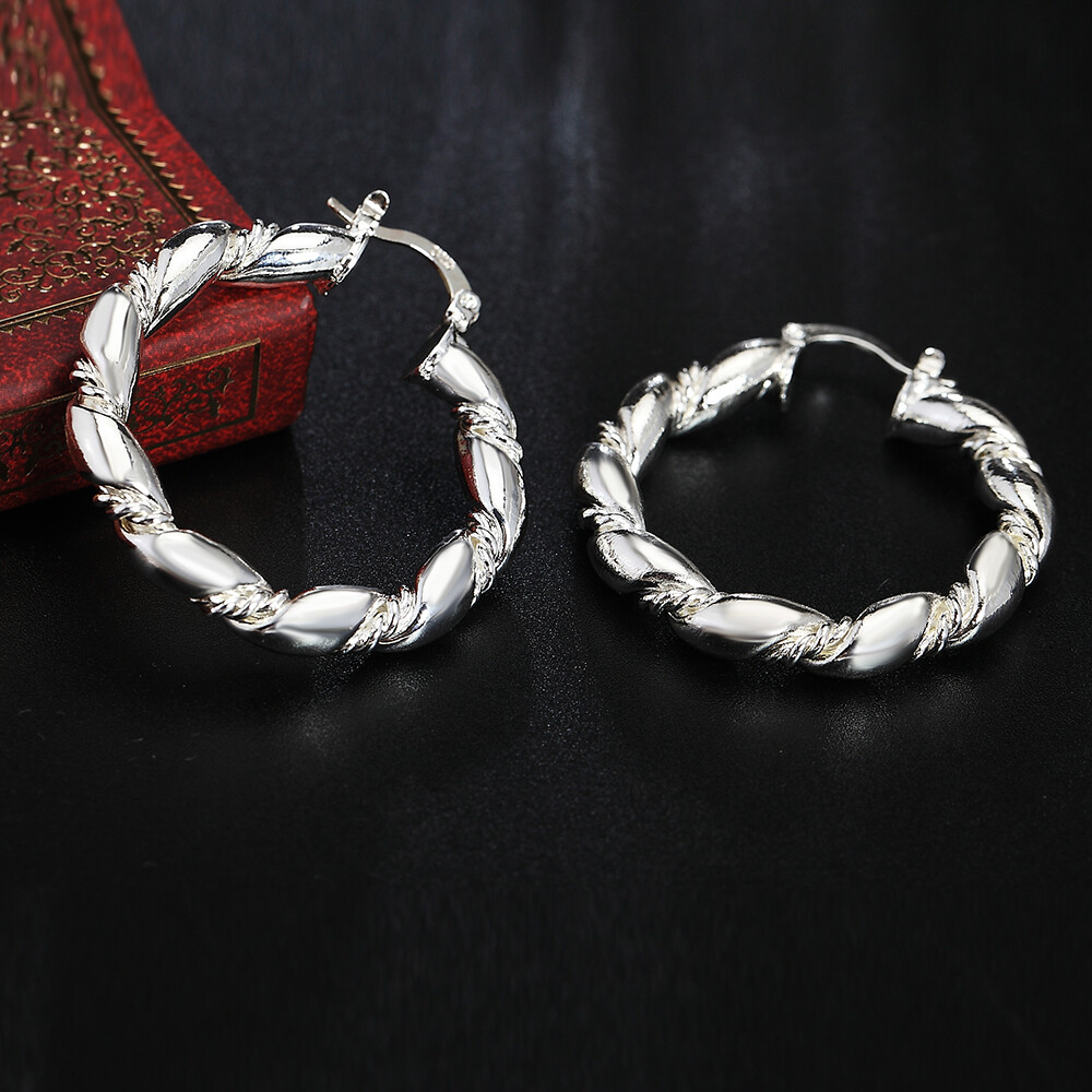 925 Silver Retro Twist Hoop Earrings For Women Trend Personality Jewelry