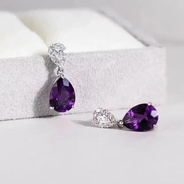 3Ct Pear Cut Lab Created Amethyst Drop/Dangle Earrings In 14K White Gold Plated
