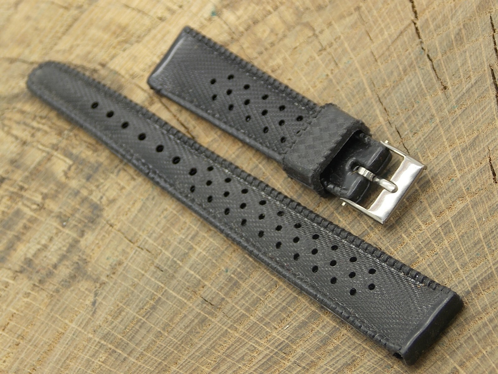 SUB NOS Vintage Unused Black Rubber Watch Band w Silver Tone Buckle 16mm Italian