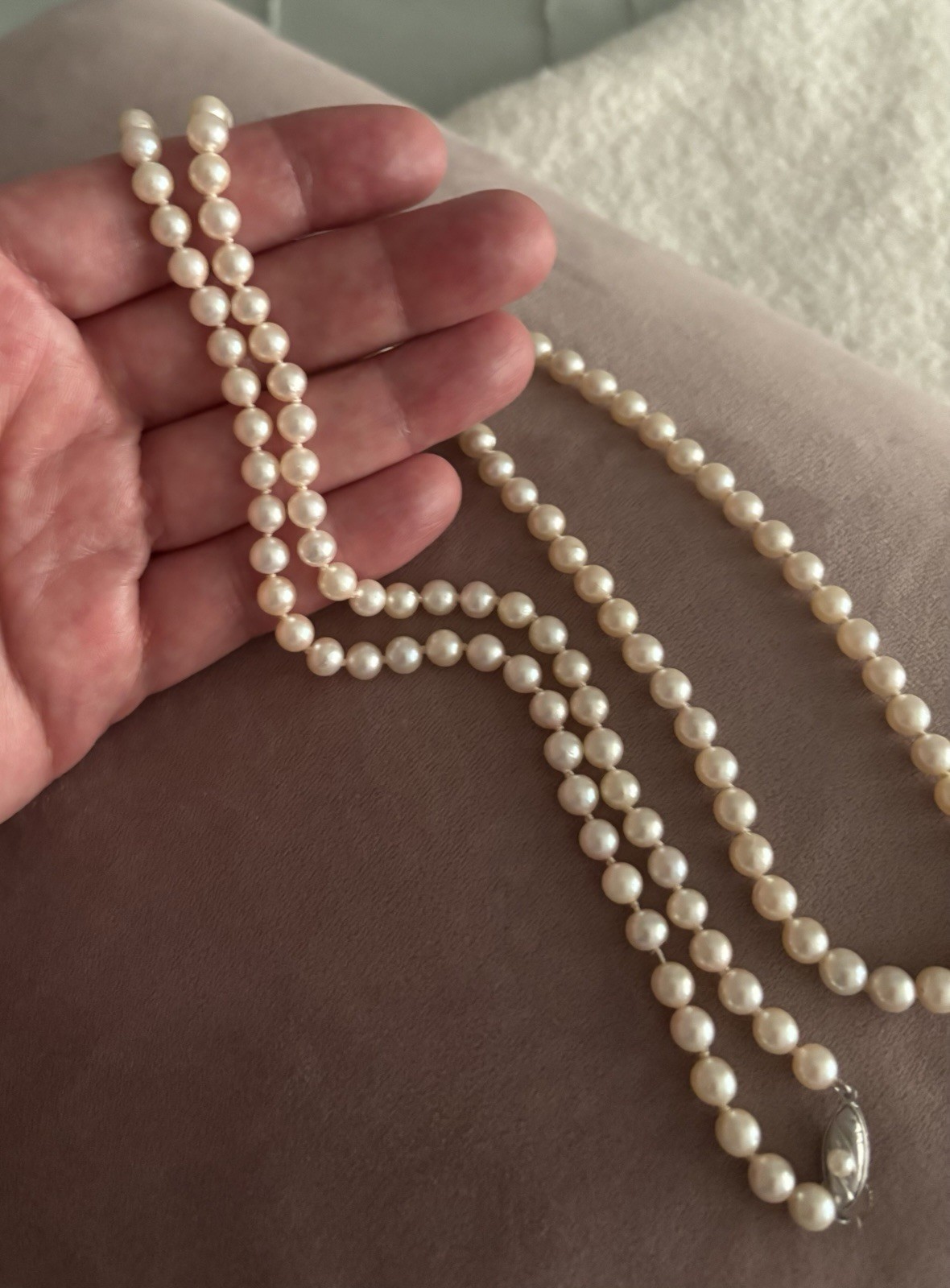 Vintage Akoya Pearl Necklace Silver Clasp 6mm 35” Opera Length Creamy Hue