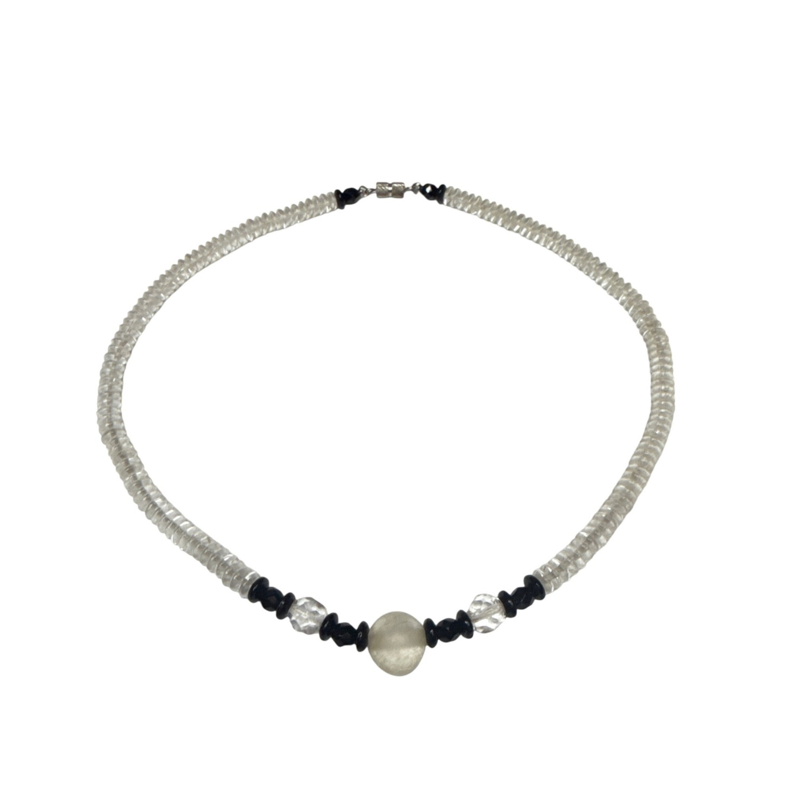 Handmade Beaded Necklace Clear Black Glass Beads White Center Stone Jewelry