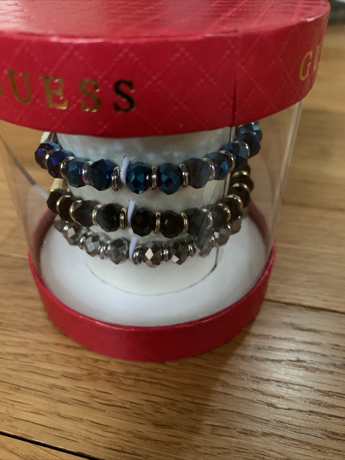 GUESS, Set Blue, Black,and Silver Beaded Pavé, Stretch Bracelets