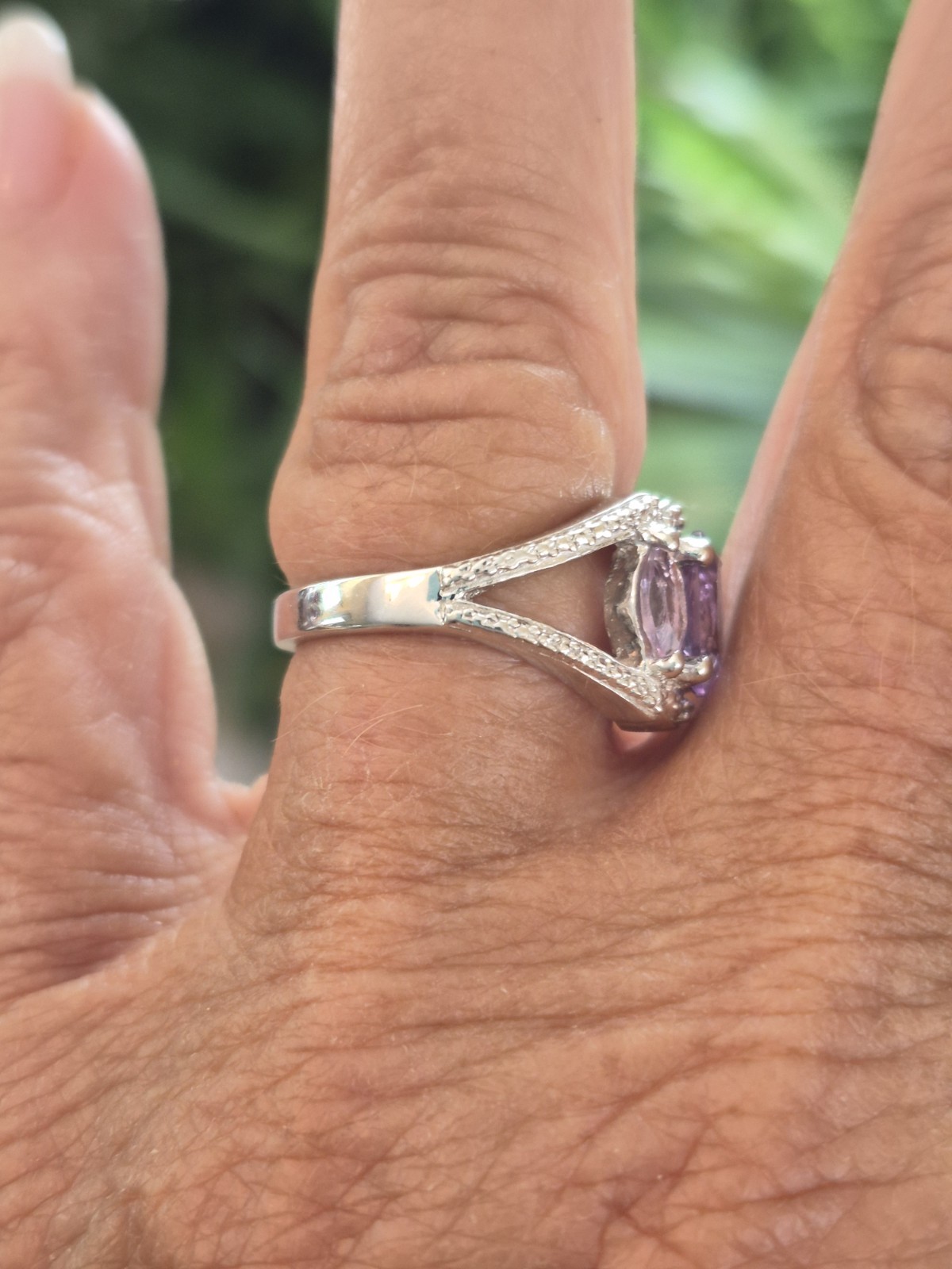 .925 Sterling Silver and 3 Stone Amethyst Ring sz. 6.5