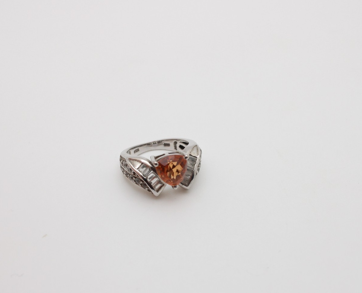 925 Sterling Silver Trillion Spessartine Garnet White Topaz Cluster Ring Sz 6