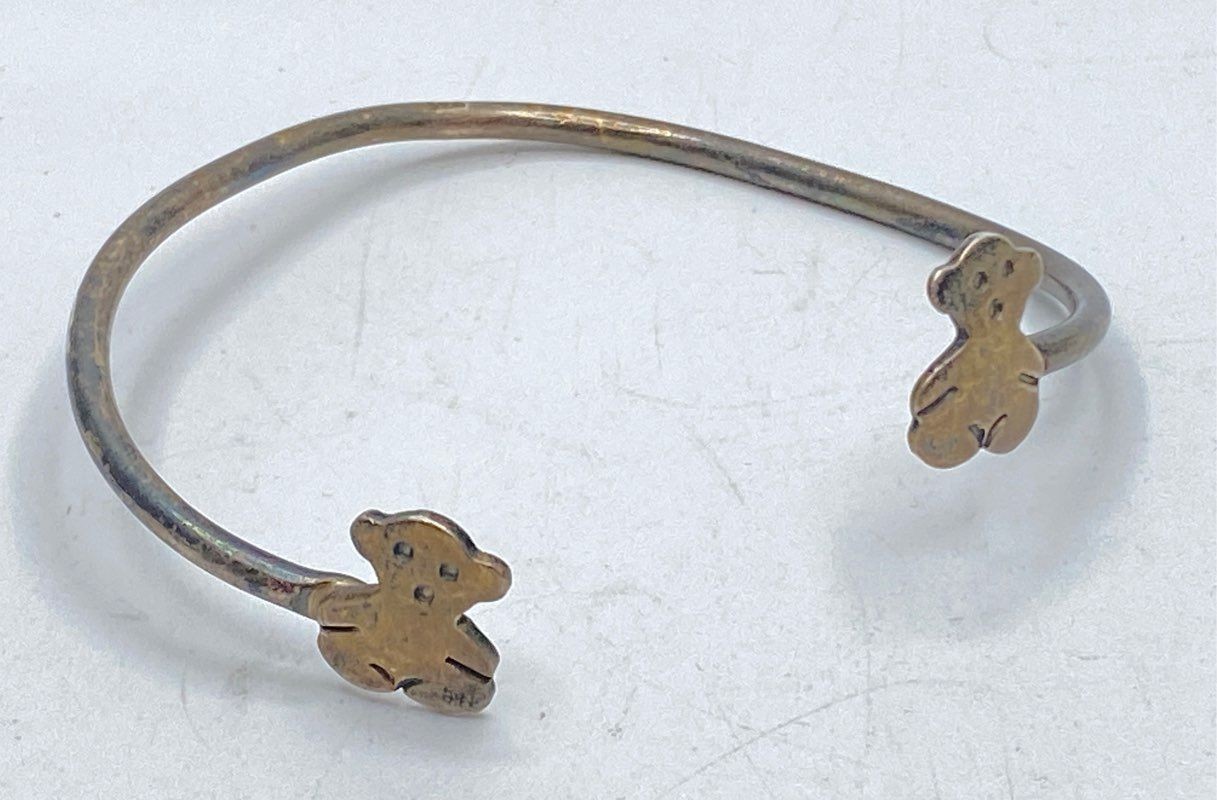 Sterling Silver 925 Two-Tone Teddy Bear Open Cuff Bracelet 6.5″ 15.7g