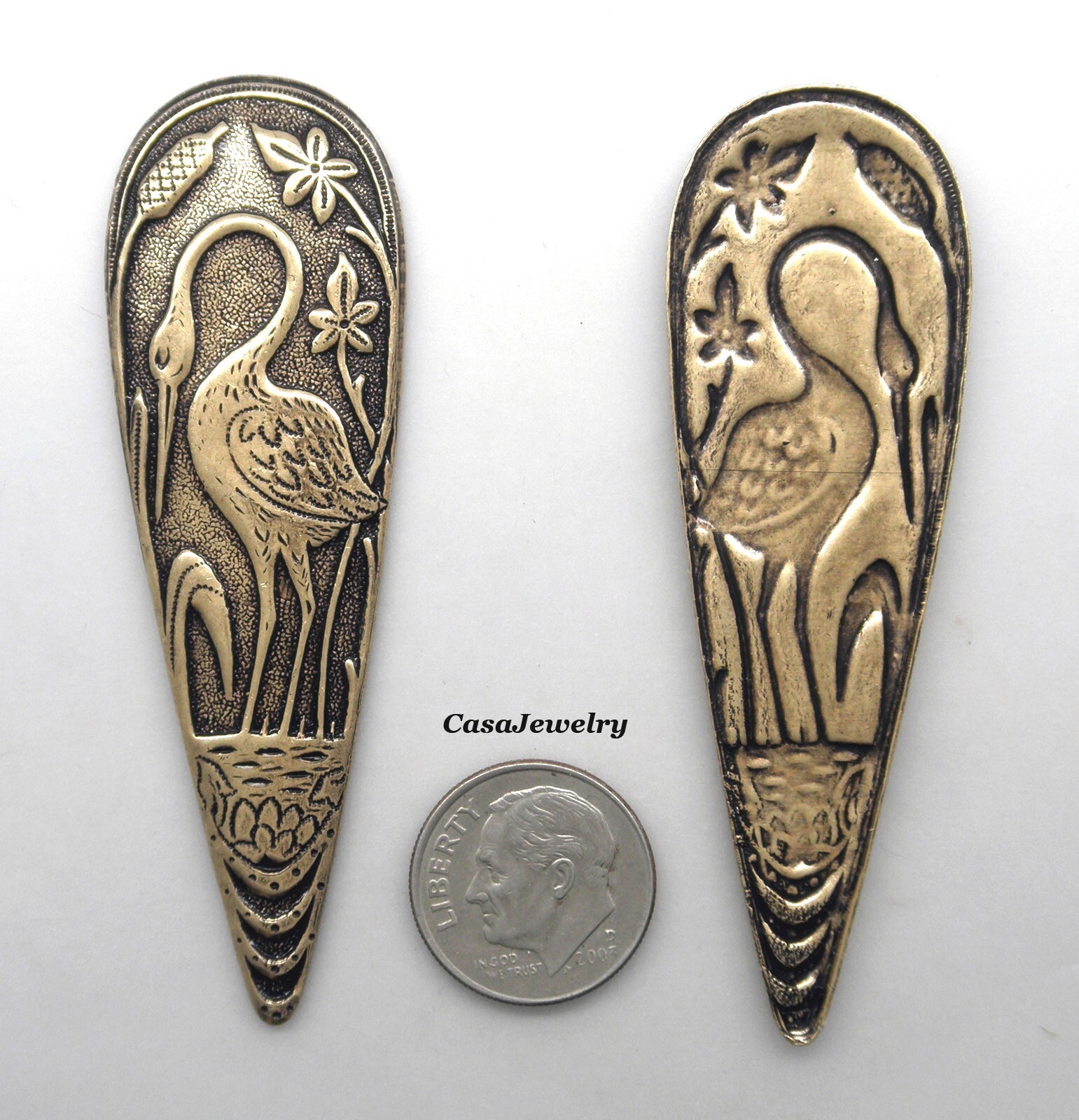 #5028ER ANTIQUED GOLD REVERSE TEARDROP CRANE EARRINGS – 1 Pair