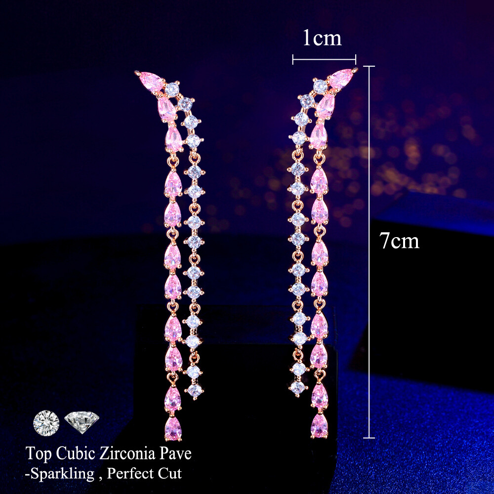 Fresh and sweet fairy style pink diamond tassel earrings with zircon earrings