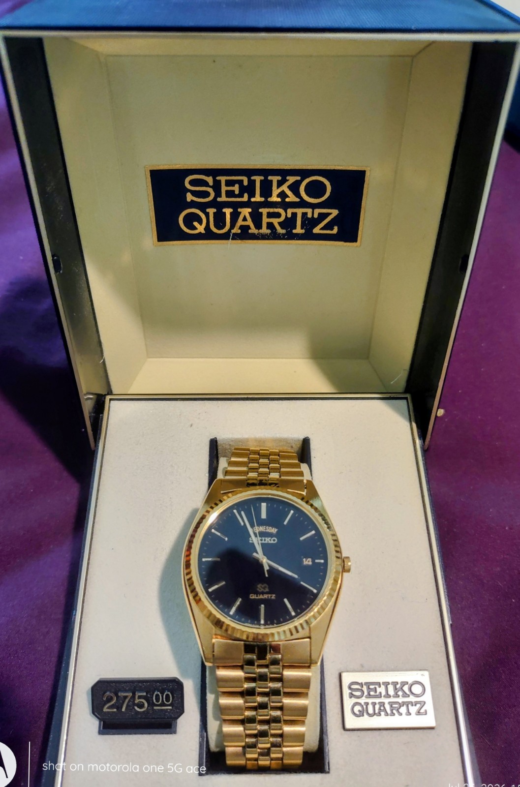 Seiko SQ Quartz Men’s Day-Date Black Dial Gold Tone Bracelet Watch w/ Box